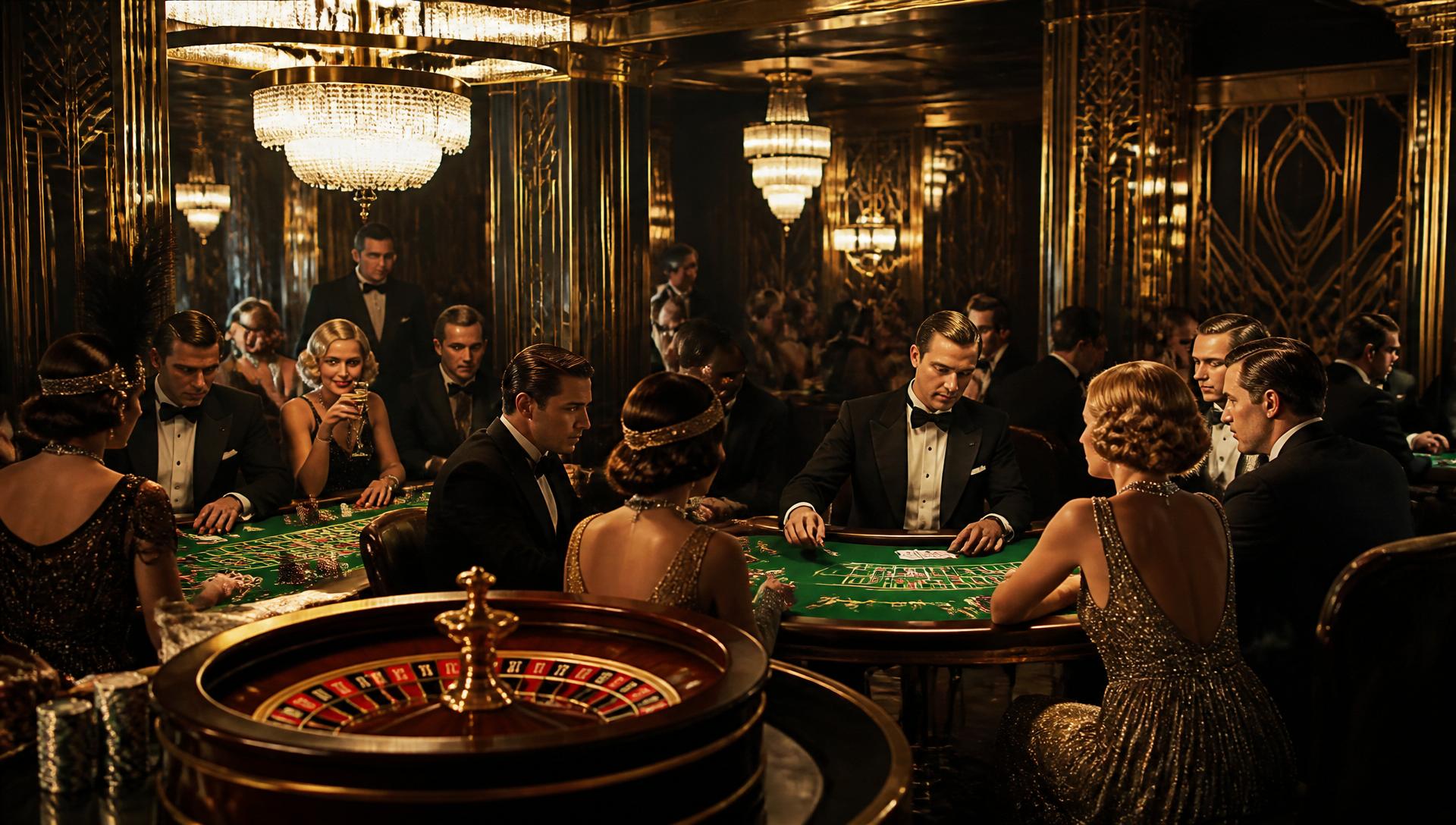 Elegant 1920s casino atmosphere with guests in formal attire